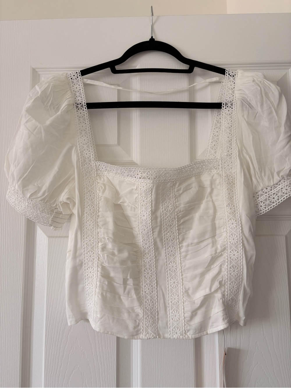 Reformation White Lace-Trim Square Neck Puff Sleeve Crop Top